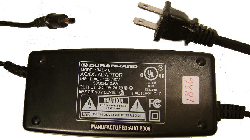 DURABRAND TAD-10 AC DC Adapter 9V 2A Power Supply for Portable D